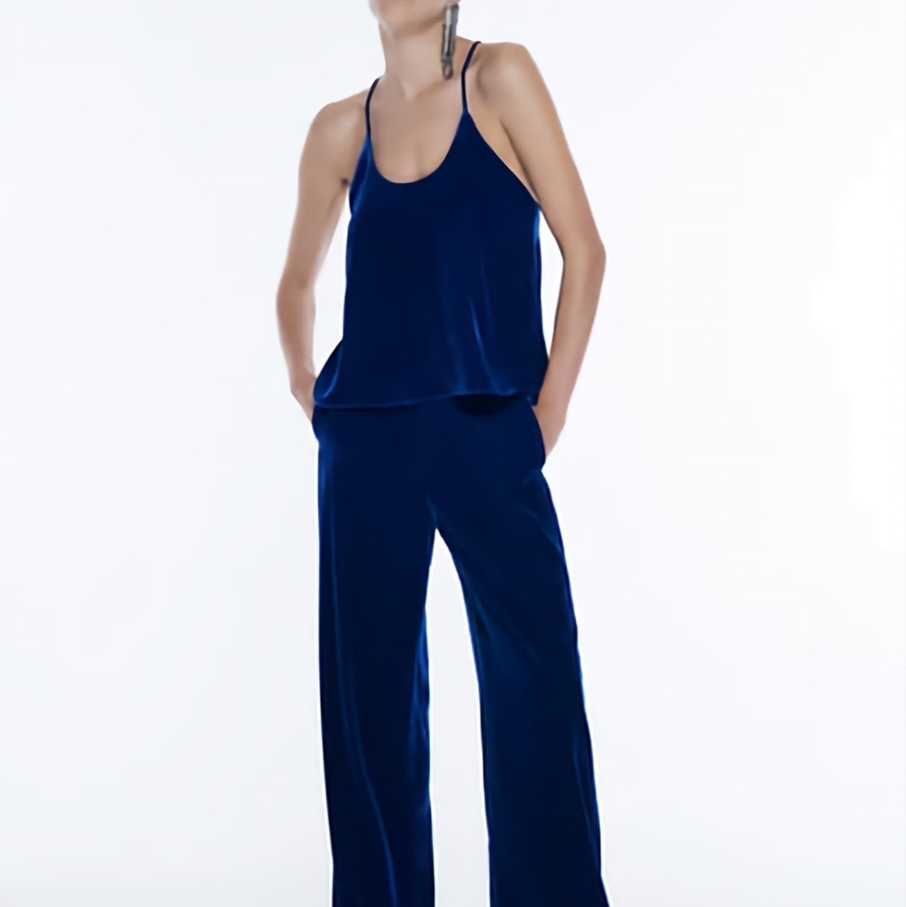 Zara velvet set camisole top L & pants M blue BNWT